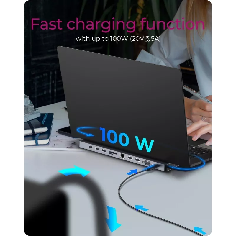 ICY BOX 11 en 1 vía USB Type-C, cableado, USB 3.2 Gen 1 (3.1 Gen 1) Type-C, 100 W, 3,5 mm, 10,100,1000 Mbit/s, antracita, negro