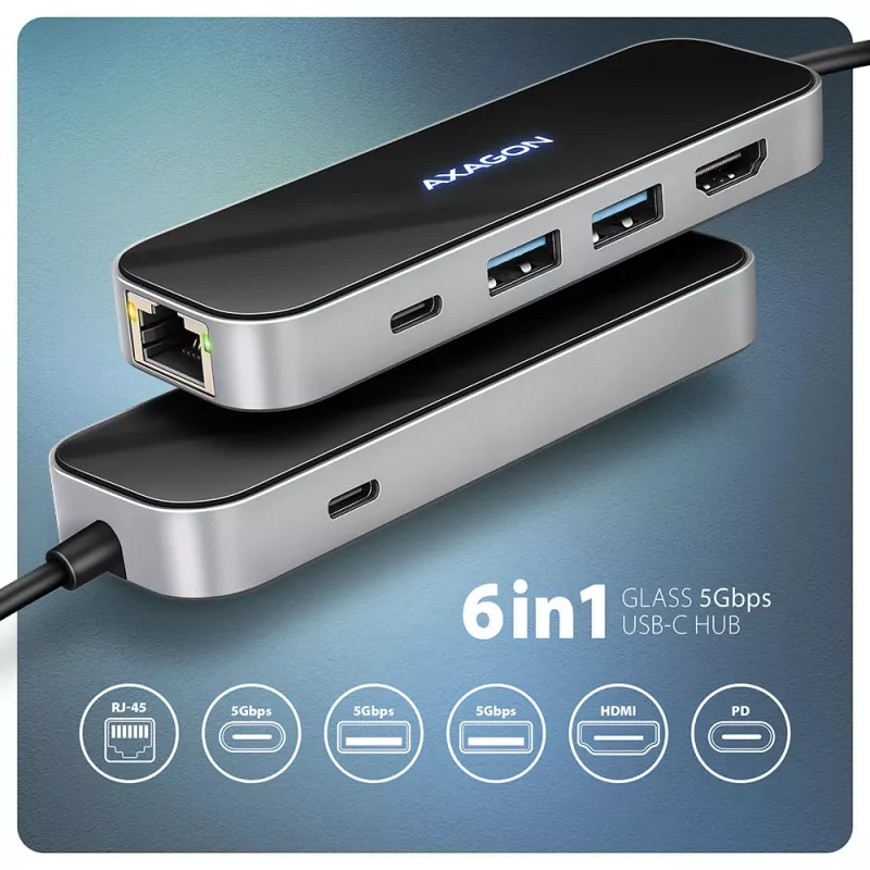 Axagon HMC-6GLN hub USB 5Gbps, 2x USB-A, USB-C, HDMI 4k/60Hz, RJ-45, PD 100W, cable USB-C