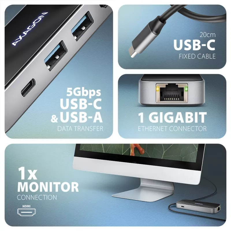 Axagon HMC-6GLN hub USB 5Gbps, 2x USB-A, USB-C, HDMI 4k/60Hz, RJ-45, PD 100W, cable USB-C
