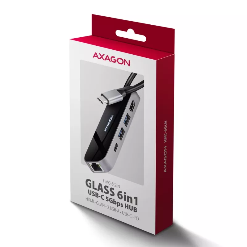 Axagon HMC-6GLN hub USB 5Gbps, 2x USB-A, USB-C, HDMI 4k/60Hz, RJ-45, PD 100W, cable USB-C