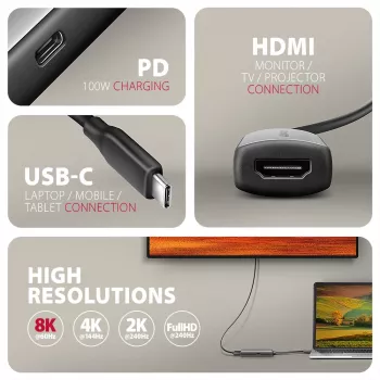 Axagon RVC-HI8KPD, adaptador USB-C -> HDMI 2.1, 8K/60Hz, 4K/144Hz, HDR10+, PD100W