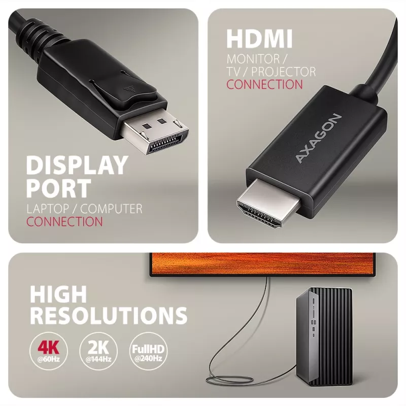 Axagon RVD-HI20C2 cable DisplayPort -> HDMI 2.0b 1,8m, 4K/60Hz