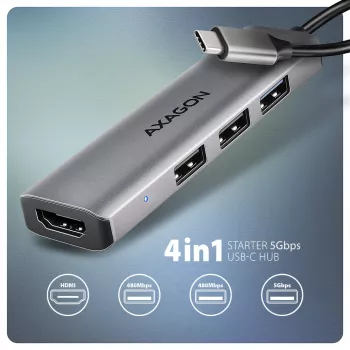 Axagon HMC-H3A hub USB 5Gbps, 3x USB-A, HDMI 4k/30Hz, cable USB-C de 15cm