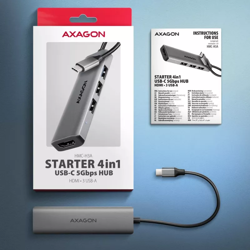 Axagon HMC-H3A hub USB 5Gbps, 3x USB-A, HDMI 4k/30Hz, cable USB-C de 15cm