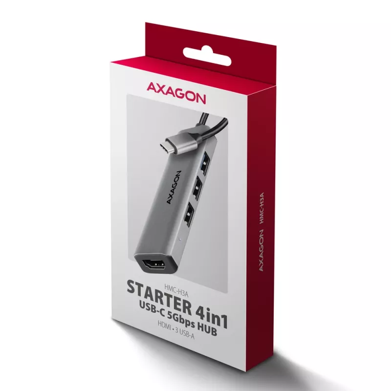 Axagon HMC-H3A hub USB 5Gbps, 3x USB-A, HDMI 4k/30Hz, cable USB-C de 15cm