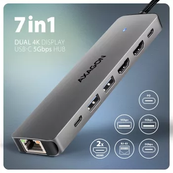 Axagon HMC-7HX2 hub USB 5Gbps, 2x USB-A, USB-C, 2x HDMI 4K/60Hz, RJ-45, PD 100W