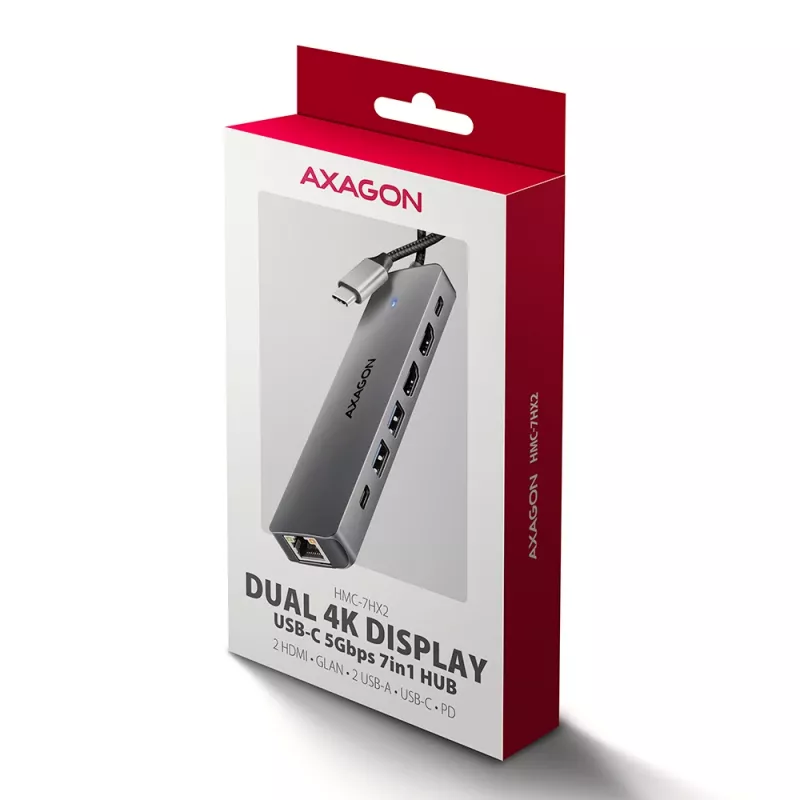Axagon HMC-7HX2 hub USB 5Gbps, 2x USB-A, USB-C, 2x HDMI 4K/60Hz, RJ-45, PD 100W