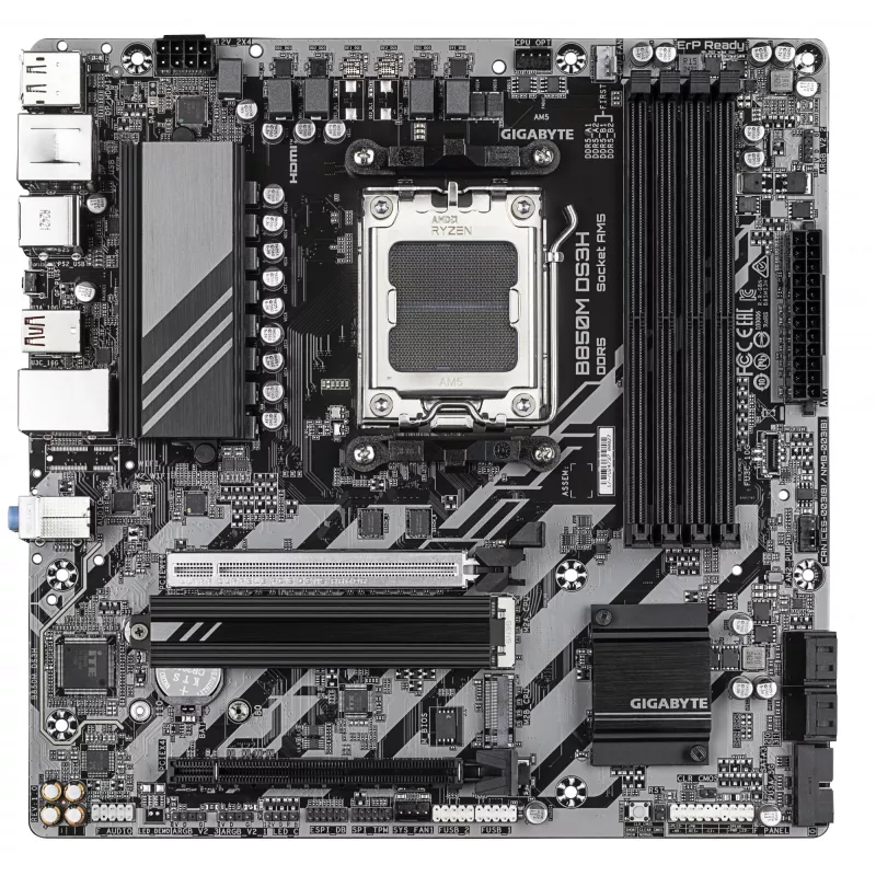GIGABYTE B850M DS3H placa base - CPUs AMD Ryzen Serie 9000, VRM digital de 16+2+2 fases, hasta 8200MHz DDR5 (OC), 1xPCIe 5.0 + 1xPCIe 4.0 M.2, 2.5 LAN, USB 3.2 Gen 2