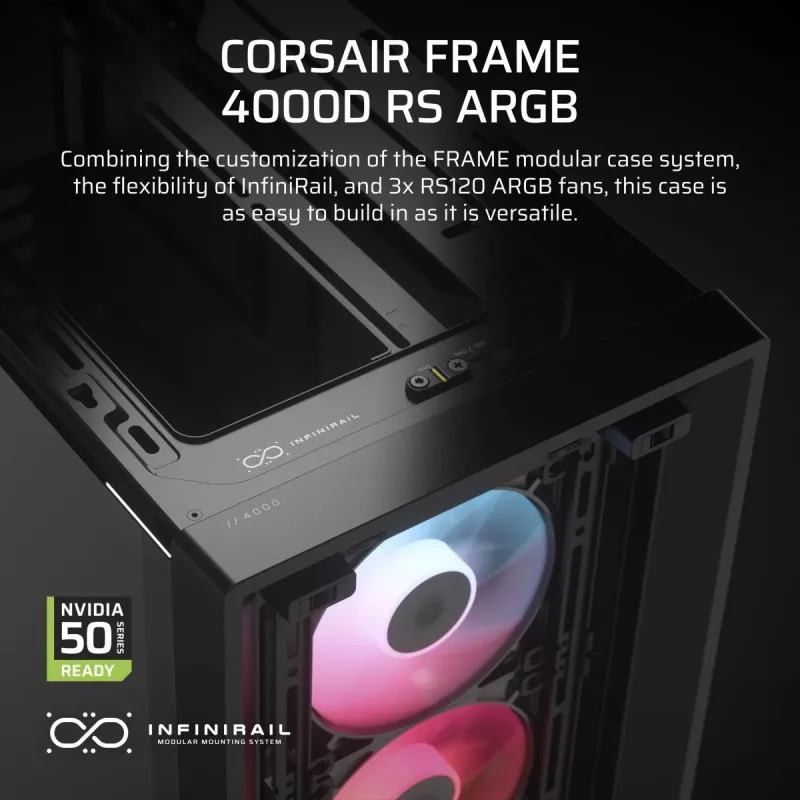 Caja para PC CORSAIR FRAME 4000D RS ARGB semitorre negra — ATX/Micro-ATX/Mini-ITX, cristal templado, ventilador ARGB, hasta 370 mm GPU