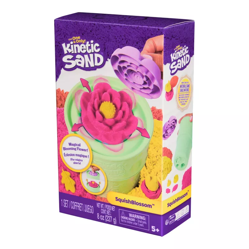 Kinetic Sand, SquishBlossom Blooming Flower, rellenos para cestas de Pascua, incluye 227 g de arena moldeable amarillo neón y rosa, maceta y moldes, juguete sensorial para niños