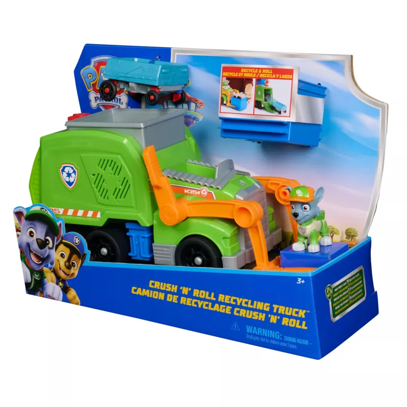 PAW Patrol: Crush N’ Roll Camión de reciclaje con figura de acción Rocky y vehículo compactador transformable, juguete para niños y niñas a partir de 3 años