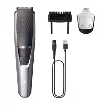 Recortadora de barba Philips BEARDTRIMMER Series 3000 BT3239/15, 0,5 mm–10 mm, 20 niveles de longitud, recargable por USB, Negro/Plata