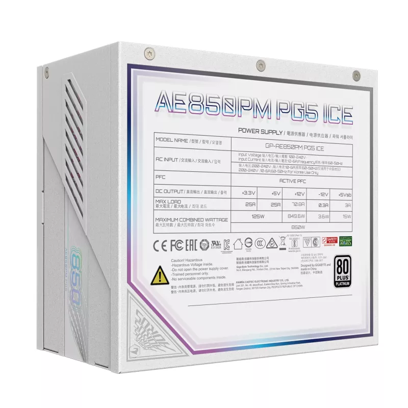 Fuente de alimentación GIGABYTE AORUS ELITE P850W 850W ATX 80 PLUS Platinum totalmente modular blanca ventilador de 120mm