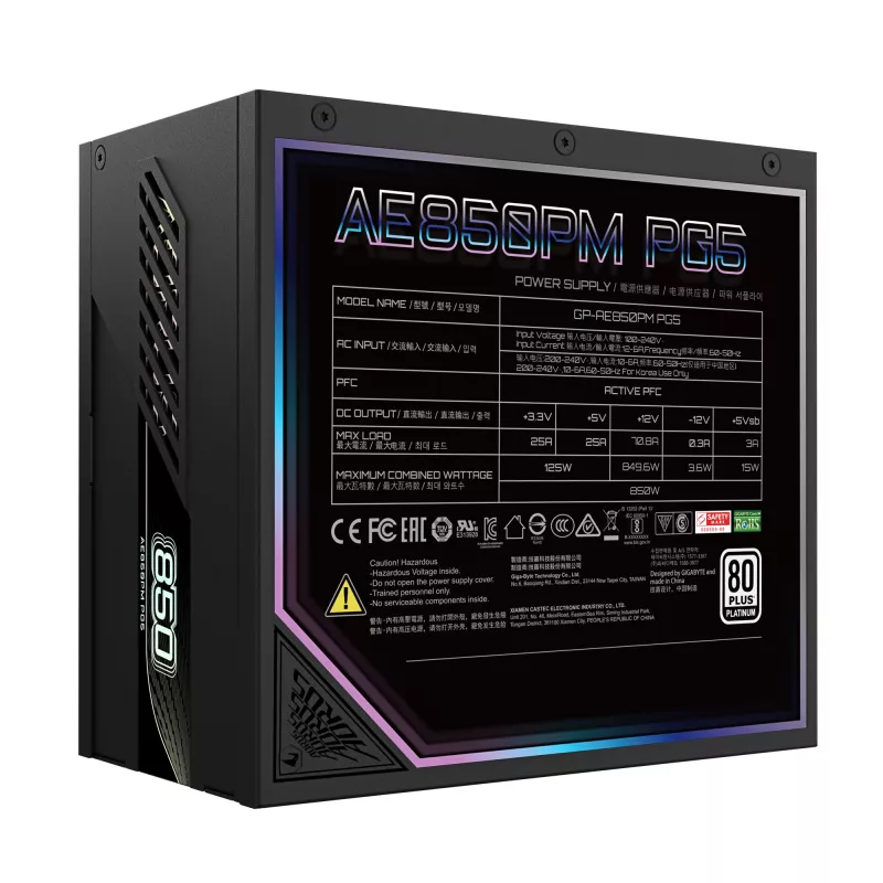 GIGABYTE AORUS ELITE P850W Fuente de alimentación – PCIe 5.0, 80 PLUS Platinum, diseño totalmente modular, ventilador de 120 mm, compatible con ATX 3.0, enchufe EU