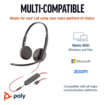 HP Poly Blackwire 3225 Auricular USB-C estéreo +Conector jack de 3,5 mm +Adaptador USB-C/A (Bulk)
