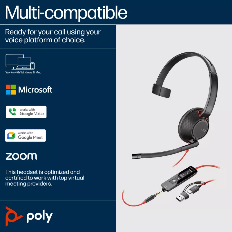 HP Poly Blackwire 5210 Auricular Monoaural USB-C + Conector de 3,5 mm + Adaptador USB-C/A