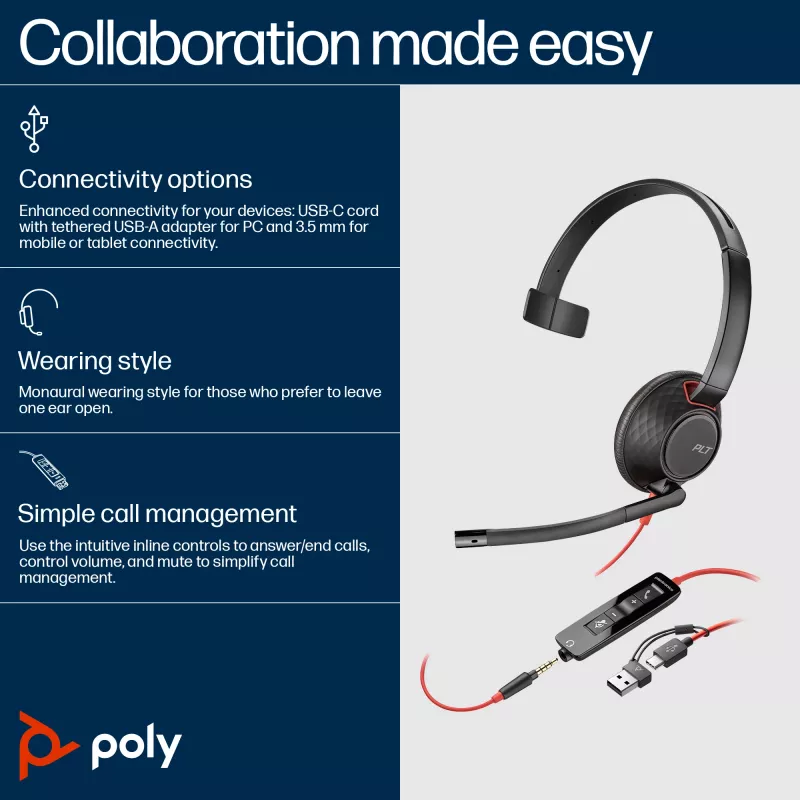 HP Poly Blackwire 5210 Auricular Monoaural USB-C + Conector de 3,5 mm + Adaptador USB-C/A