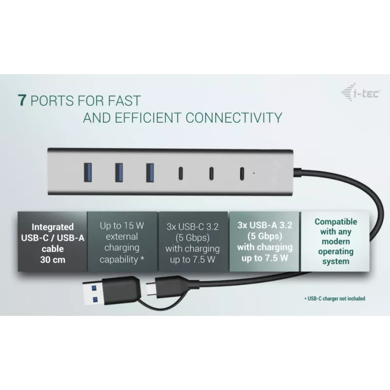 i-tec Hub de carga metálico USB-C/USB-A de 7 puertos (3x USB-C, 4x USB-A)