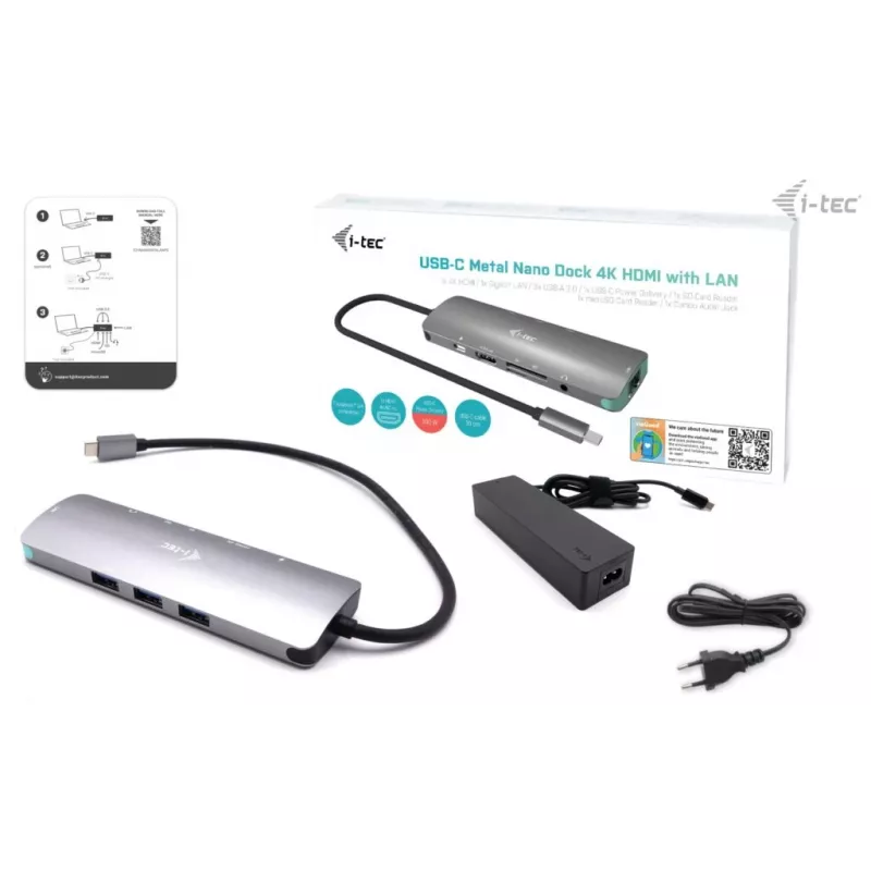 i-tec Docking station nano metálica USB-C 4K HDMI LAN con Power Delivery 100 W + cargador universal 100 W
