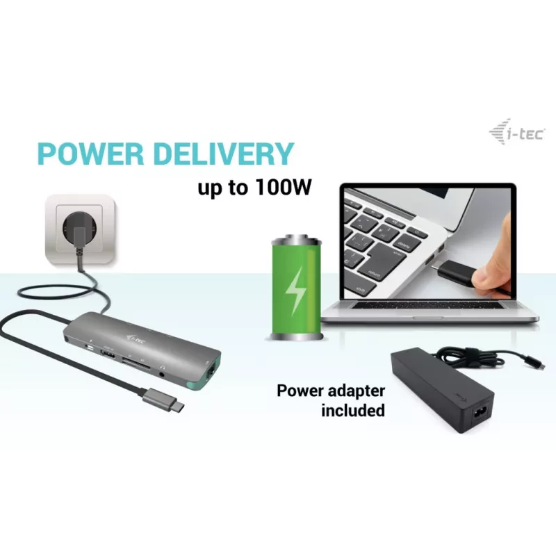 i-tec Docking station nano metálica USB-C 4K HDMI LAN con Power Delivery 100 W + cargador universal 100 W