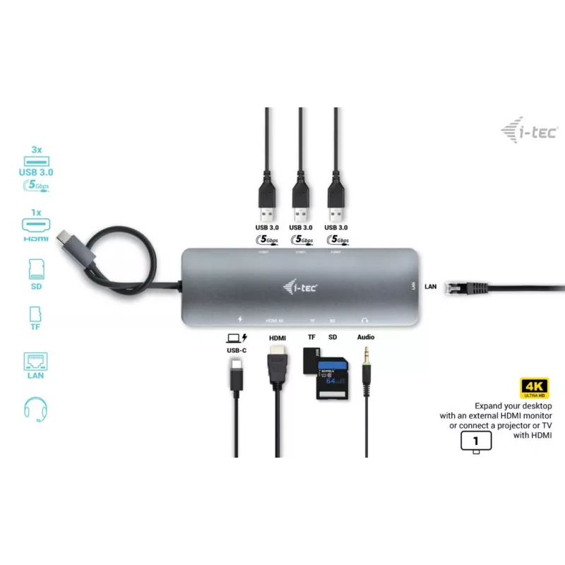 i-tec Docking station nano metálica USB-C 4K HDMI LAN con Power Delivery 100 W + cargador universal 100 W