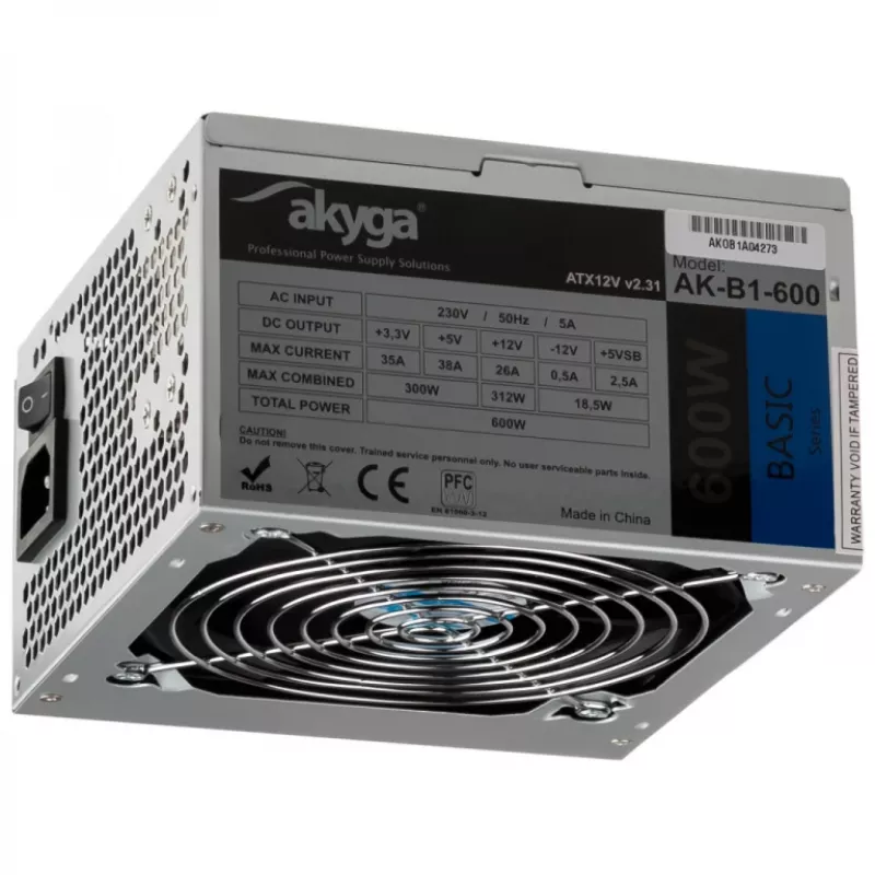 Fuente de alimentación ATX Akyga Basic AK-B1-600 600 W, ventilador de 120 mm, PFC pasivo, gris