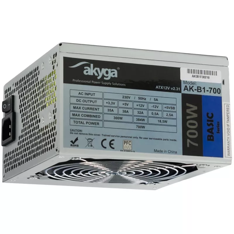 Fuente de alimentación ATX Akyga AK-B1-700 Basic 700 W, PFC pasivo, ventilador de 120 mm, gris