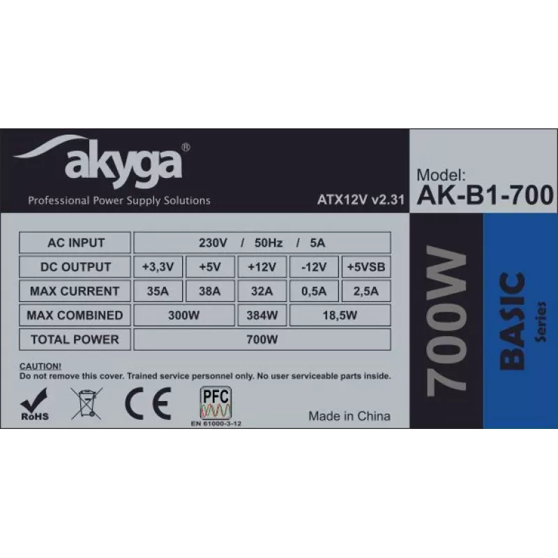 Fuente de alimentación ATX Akyga AK-B1-700 Basic 700 W, PFC pasivo, ventilador de 120 mm, gris