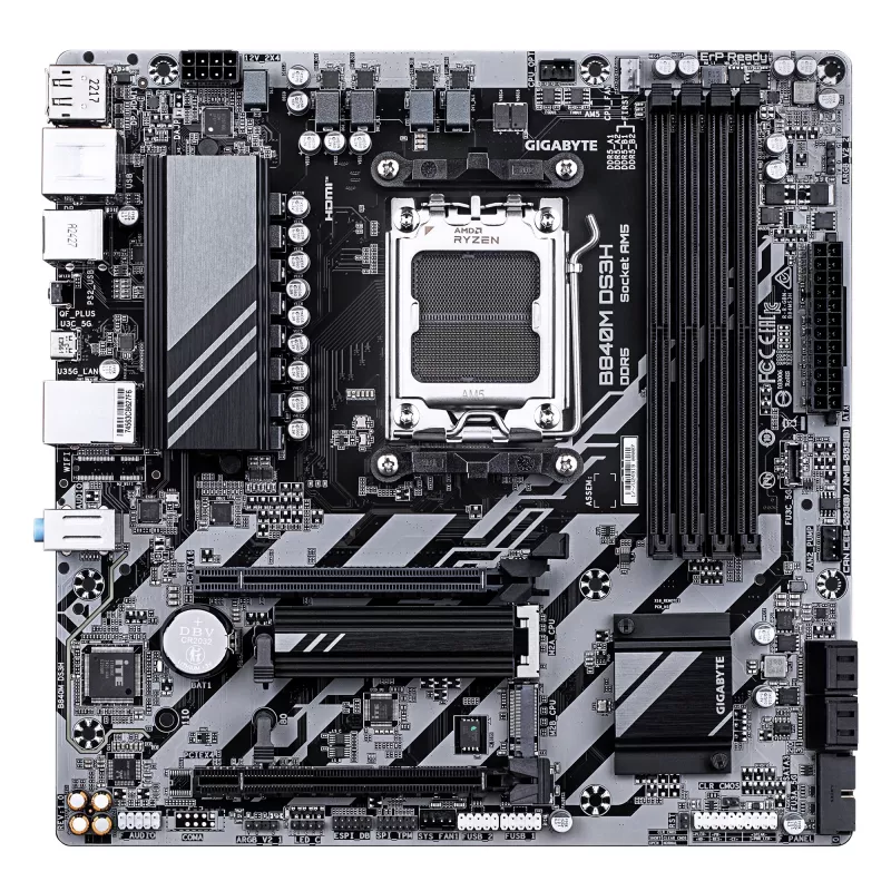 Placa base GIGABYTE B840M DS3H - CPU AMD Ryzen 9000, VRM de 8+2+2 fases, hasta 8200 MHz DDR5, 2x PCIe 4.0 M.2, LAN 2,5 GbE, USB 3.2 Gen 1