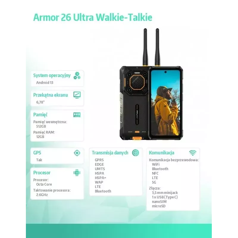 Ulefone Armor 26 Ultra smartphone 5G, walkie-talkie, 12GB RAM, 512GB, IP69K, negro (sin cargador)