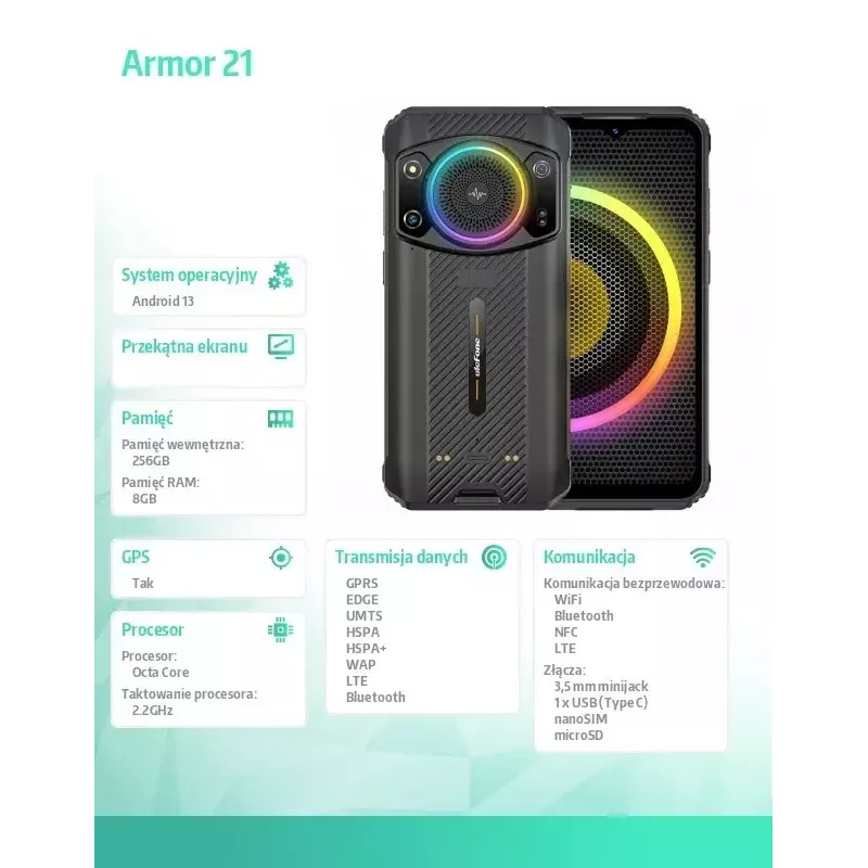 Smartphone UleFone Armor 21 — pantalla de 6,58 inch, 8 GB RAM, 256 GB almacenamiento, negro