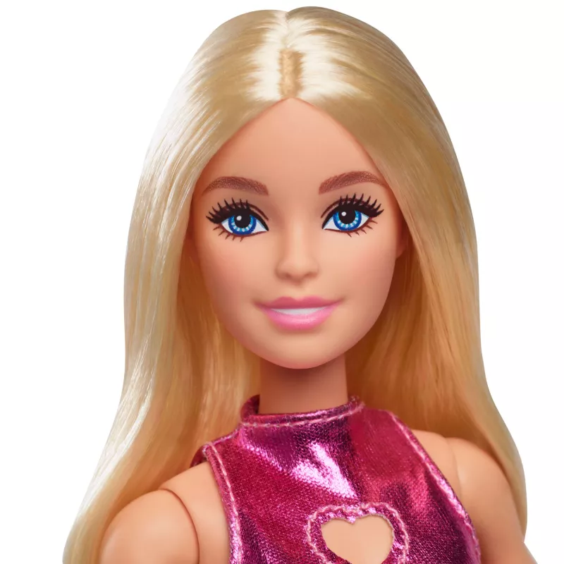 Muñeca Barbie Fashionistas n.º 230 con minivestido rosa metalizado y escote en forma de corazón, pelo rubio