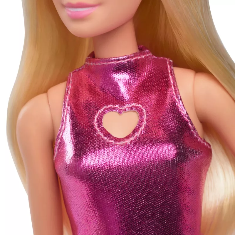 Muñeca Barbie Fashionistas n.º 230 con minivestido rosa metalizado y escote en forma de corazón, pelo rubio