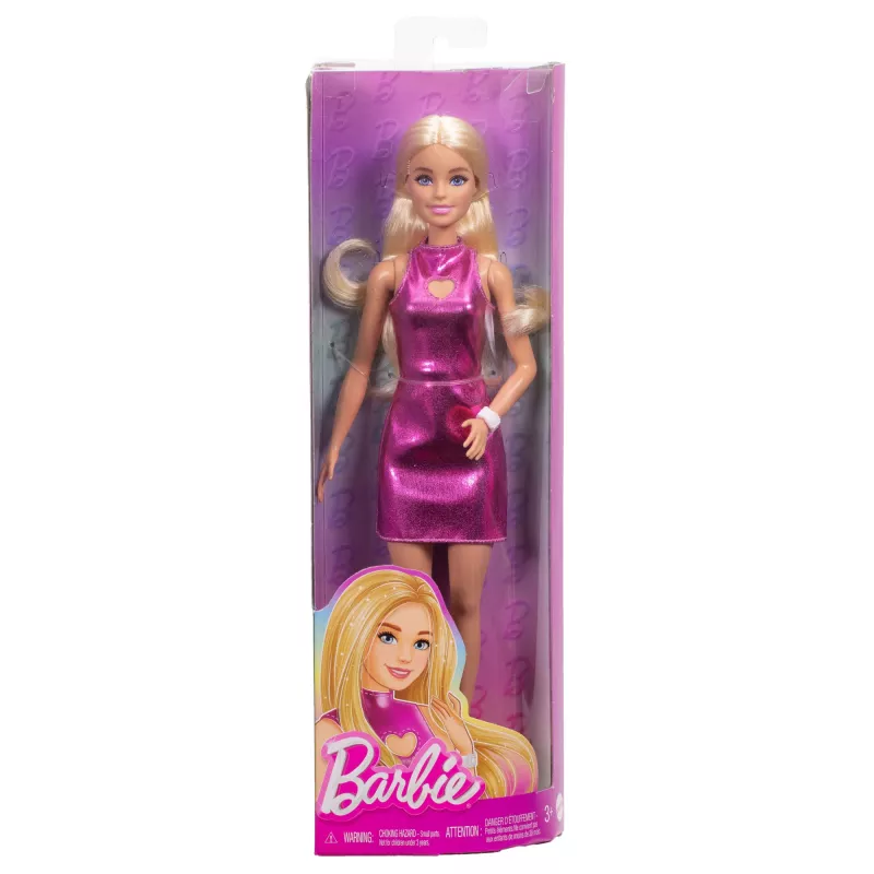 Muñeca Barbie Fashionistas n.º 230 con minivestido rosa metalizado y escote en forma de corazón, pelo rubio