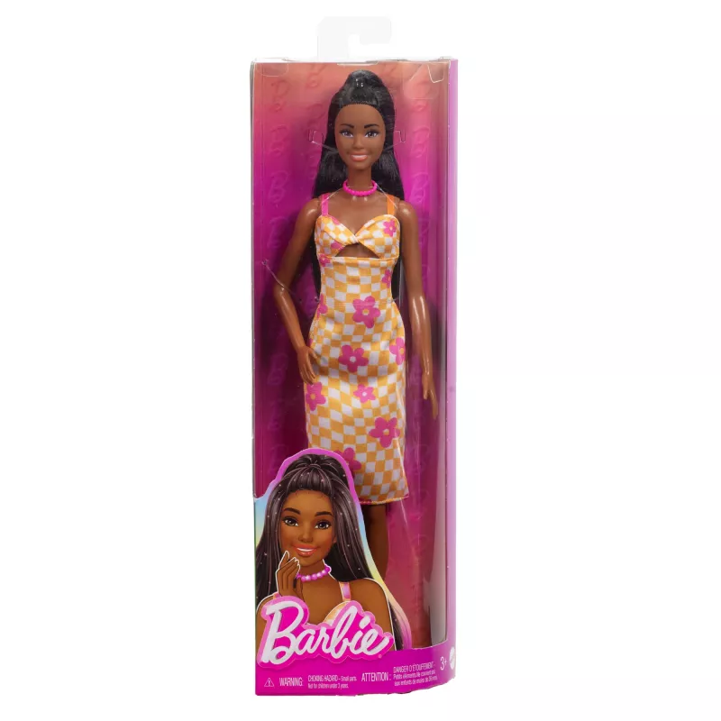 Muñeca Barbie Fashionistas n.º 233 con midivestido de flores a cuadros, pelo negro