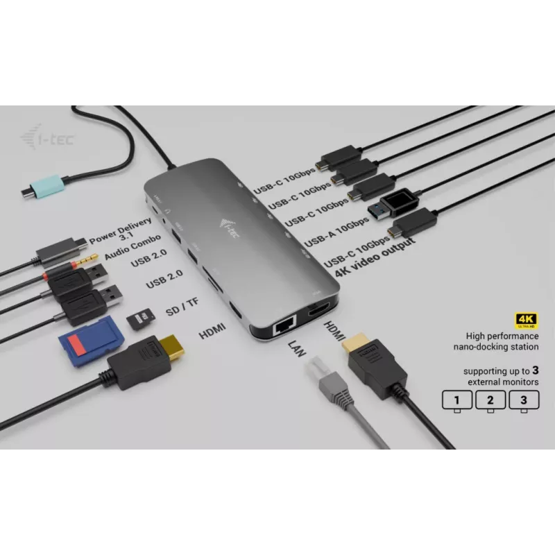 Dock i-tec Metal USB-C Nano 3x pantallas, 2x HDMI 1x USB-C vídeo + Power Delivery 140 W
