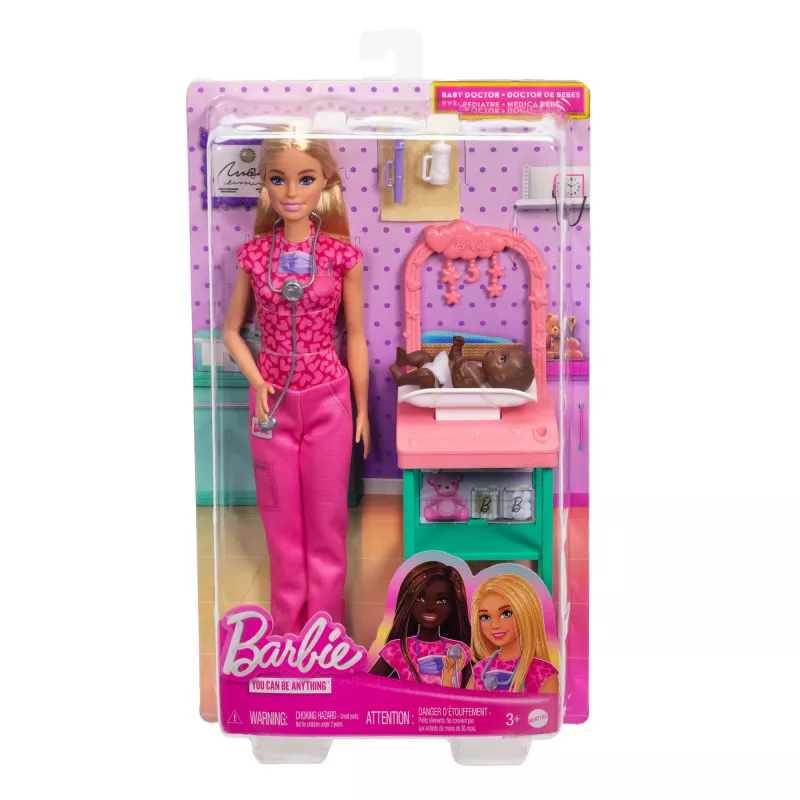 Muñeca Barbie Baby Doctor con muñeca de moda rubia, 1 muñeca bebé, muebles y accesorios