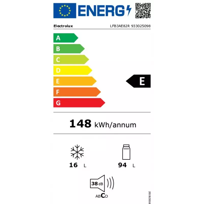 Frigorífico combinado integrable Electrolux LFB3AE82R — 93 L de volumen total, 16 L de congelador arriba, control táctil, puertas reversibles, blanco