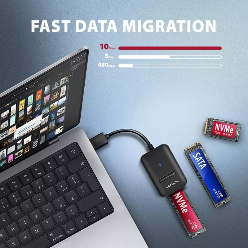 Carcasa para SSD AXAGON ADM2-AM USB-A 10 Gbit/s para una unidad M.2 NVMe/SATA, USB 3.2 Gen 2, cable de 10 cm, negra