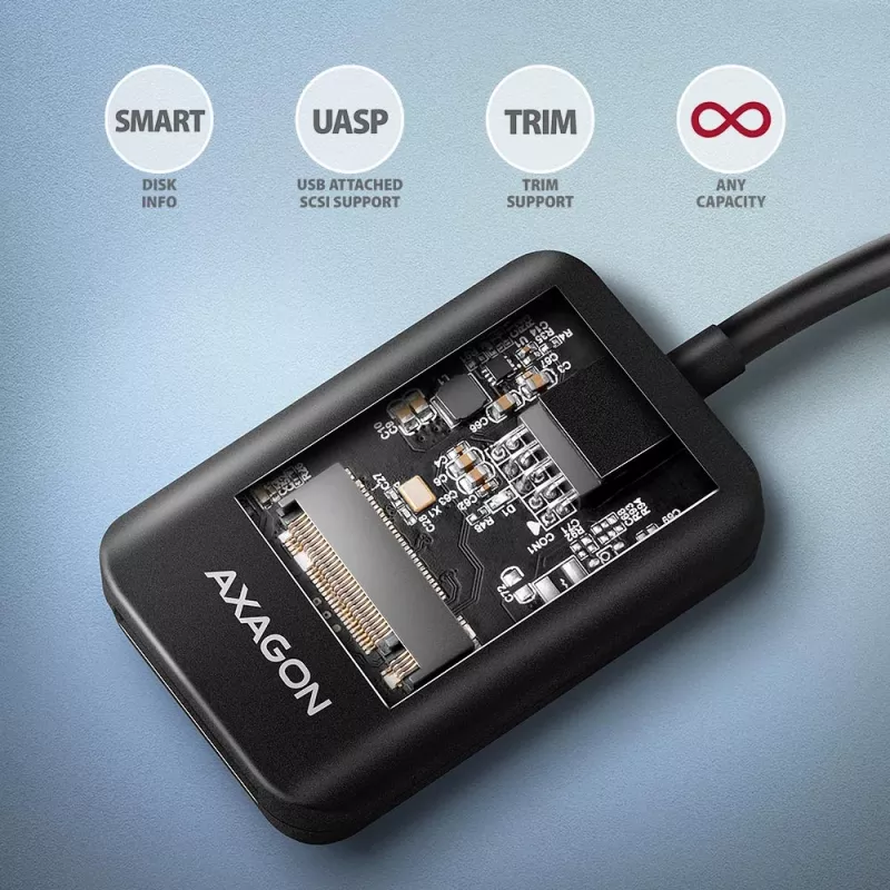 Carcasa para SSD AXAGON ADM2-AM USB-A 10 Gbit/s para una unidad M.2 NVMe/SATA, USB 3.2 Gen 2, cable de 10 cm, negra