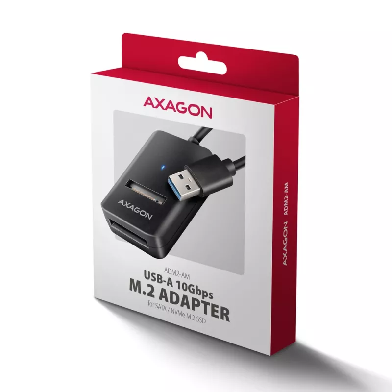 Carcasa para SSD AXAGON ADM2-AM USB-A 10 Gbit/s para una unidad M.2 NVMe/SATA, USB 3.2 Gen 2, cable de 10 cm, negra