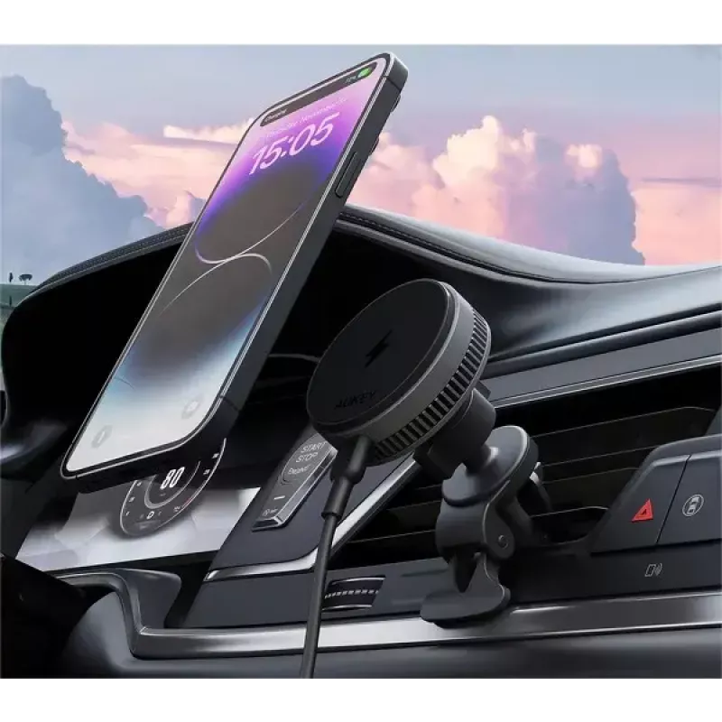 Aukey Mag Fusion Dash Pro HD-MC13A Qi2 15 W soporte de coche con cargador inalámbrico y refrigeración