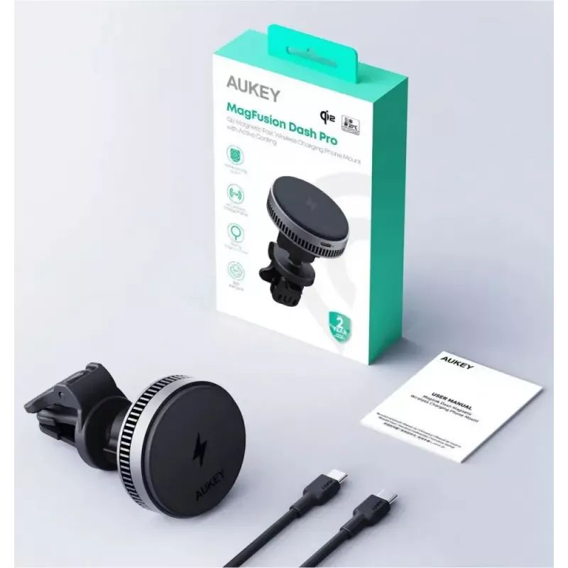 Aukey Mag Fusion Dash Pro HD-MC13A Qi2 15 W soporte de coche con cargador inalámbrico y refrigeración