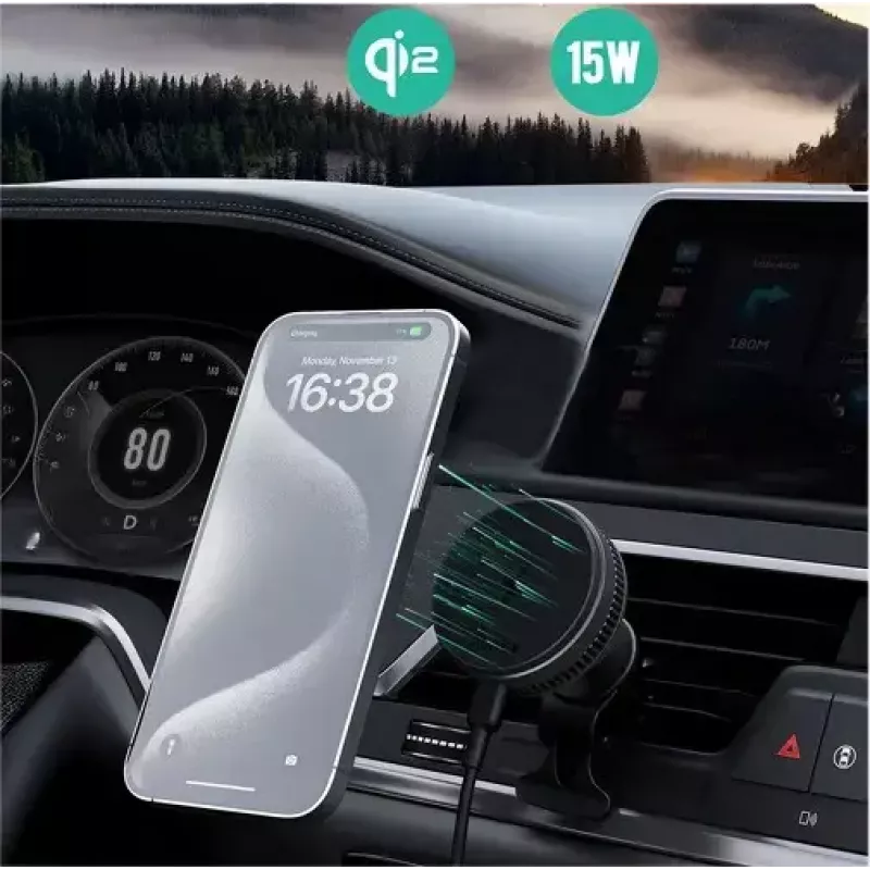 Aukey Mag Fusion Dash Pro HD-MC13A Qi2 15 W soporte de coche con cargador inalámbrico y refrigeración