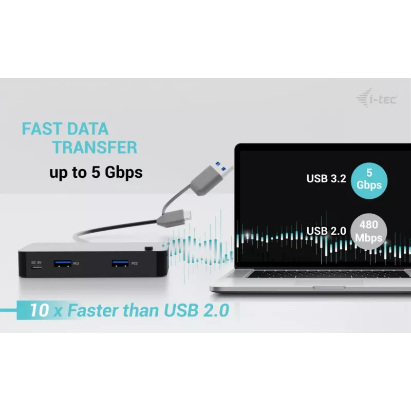 Hub KVM universal i-tec 2x USB-C 2x USB-A 3.0 5000 Mbit/s Negro