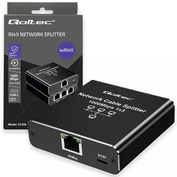 Splitter Ethernet QOLTEC 52294 1x3 RJ45 con entrada de alimentación USB-C