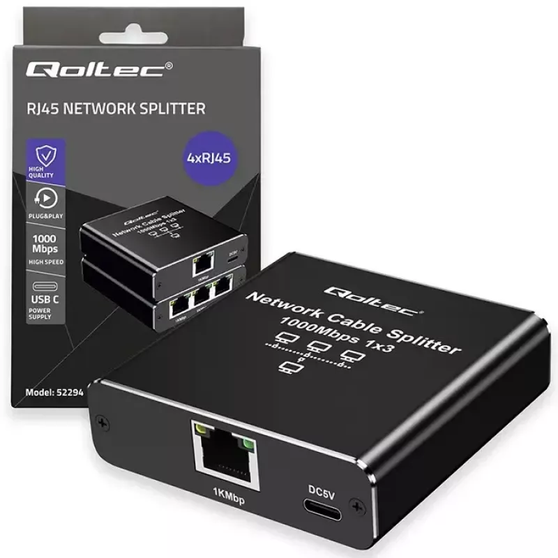 Splitter Ethernet QOLTEC 52294 1x3 RJ45 con entrada de alimentación USB-C