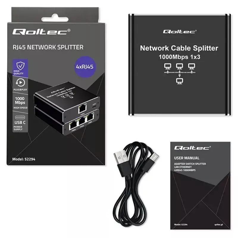 Splitter Ethernet QOLTEC 52294 1x3 RJ45 con entrada de alimentación USB-C