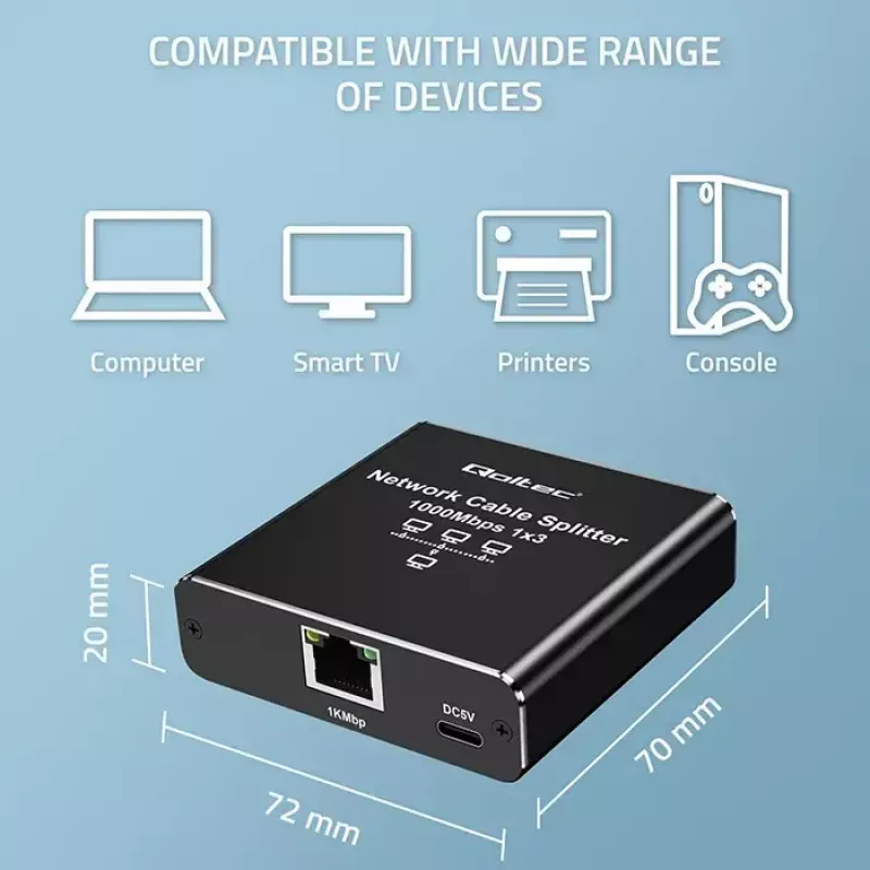 Splitter Ethernet QOLTEC 52294 1x3 RJ45 con entrada de alimentación USB-C