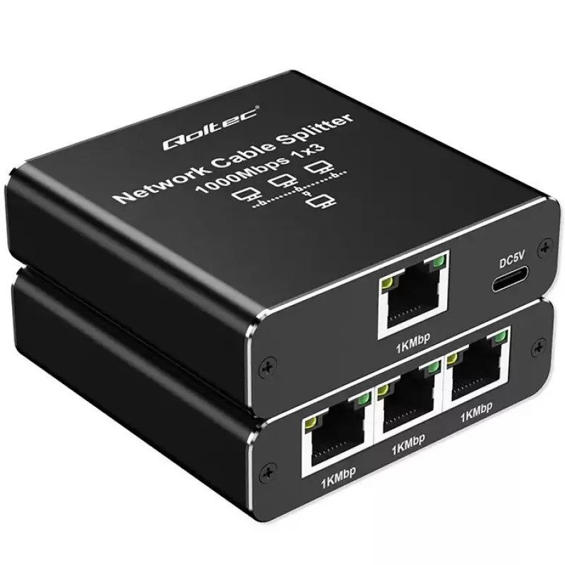 Splitter Ethernet QOLTEC 52294 1x3 RJ45 con entrada de alimentación USB-C
